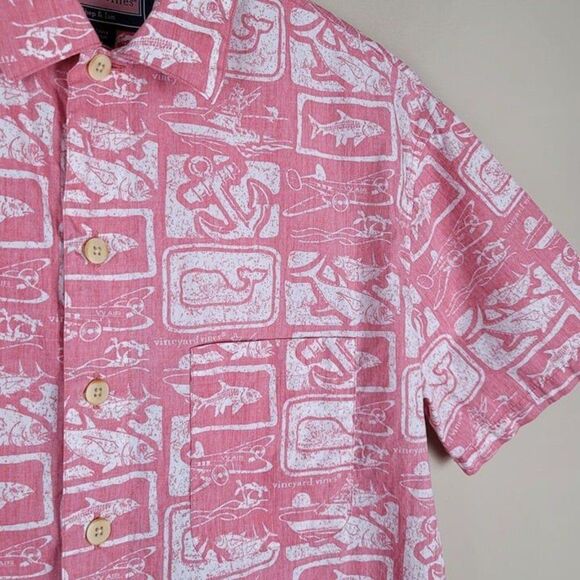 Vineyard Vines Size S Oversized Hawaiian Short Sleeve Button Up Shirt Red Pink - Picture 7 of 11